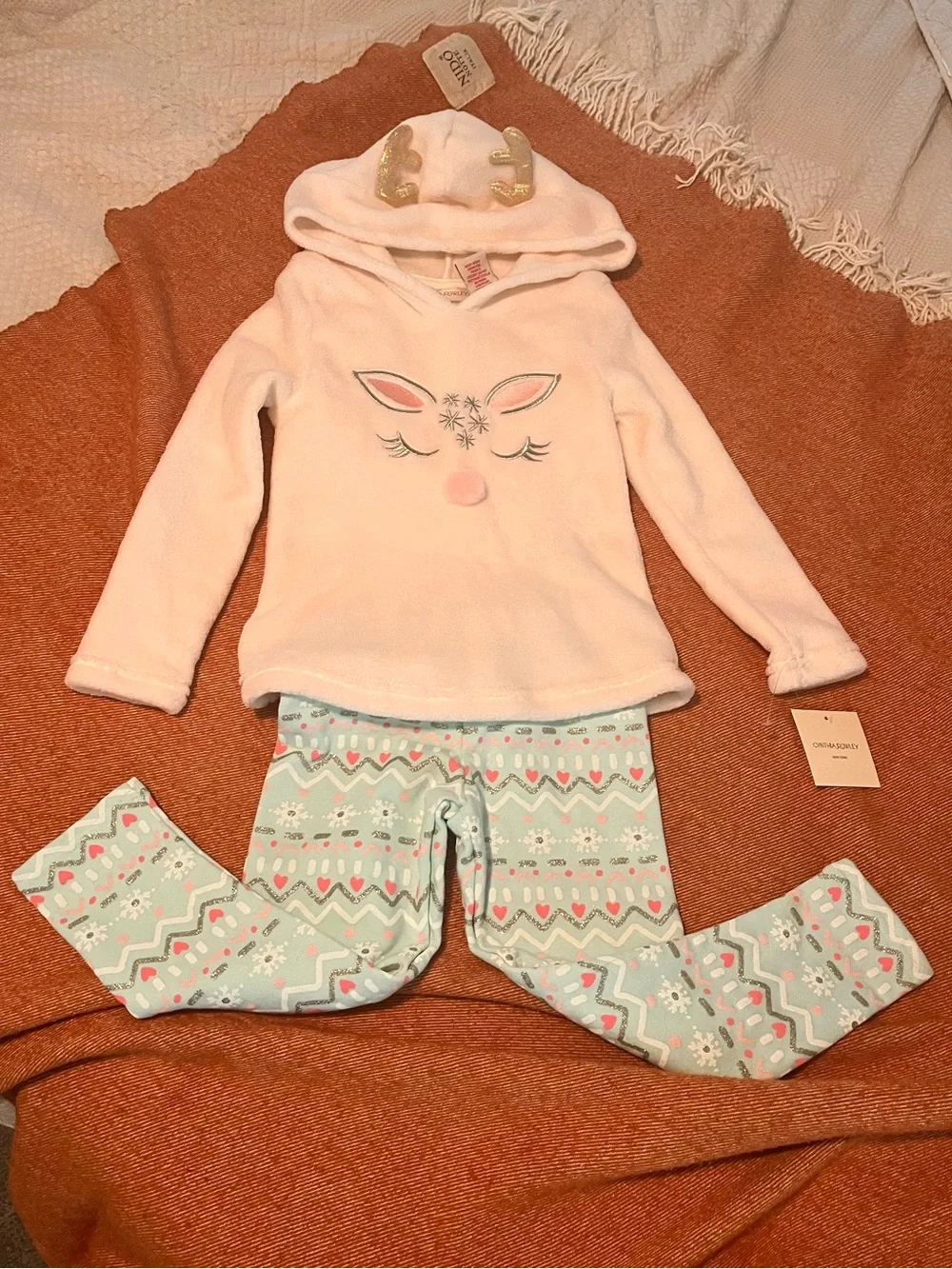 Cynthia Rowley Pink Reindeer Hooded Top with Patterned Mint Leggings - Kids
